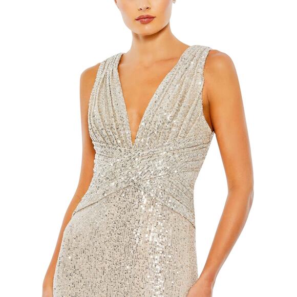 IEENA FOR MAC DUGGAL 26598 V-Neck Sequin Wrap Waist Slit Gown Nude 24 NEW - Picture 3 of 9